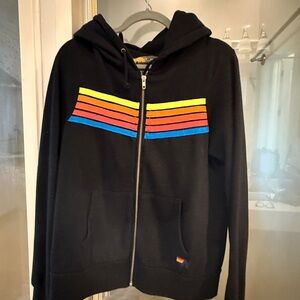 Aviator nation black zip up, neon stripes.